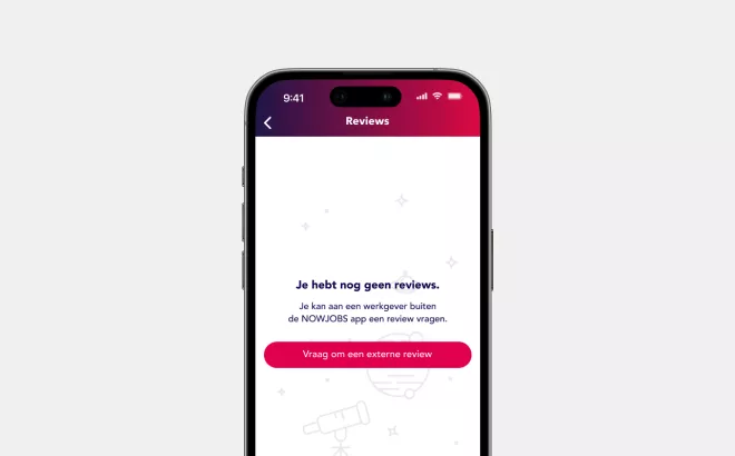 De NOWJOBS app toont dat een kandidaat nog geen externe reviews heeft ontvangen